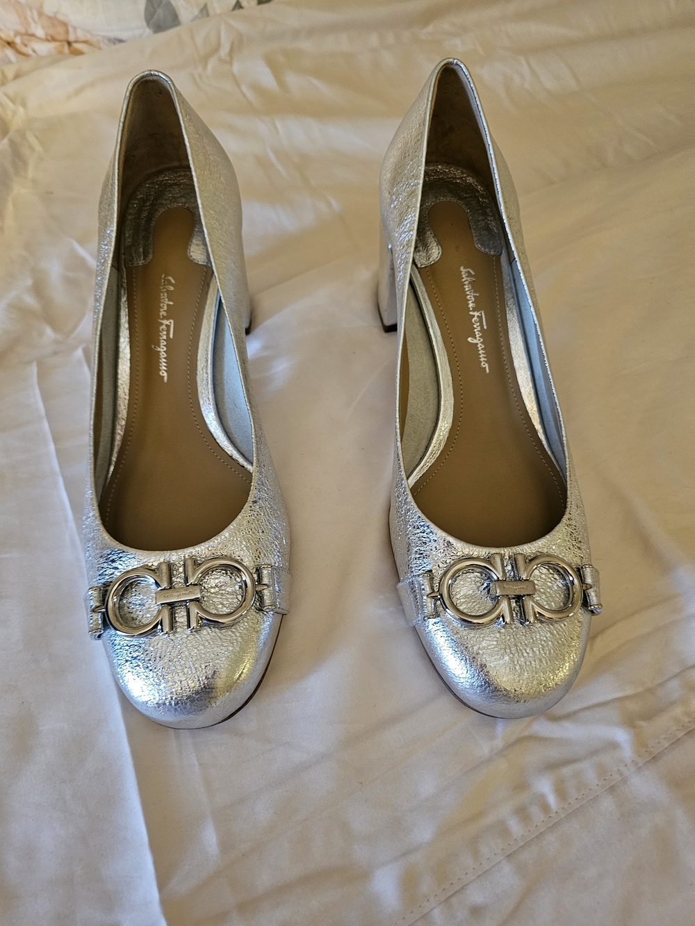 Salvatore Ferragamo Metallic Silver Block Heel Pumps with Iconic Gancini